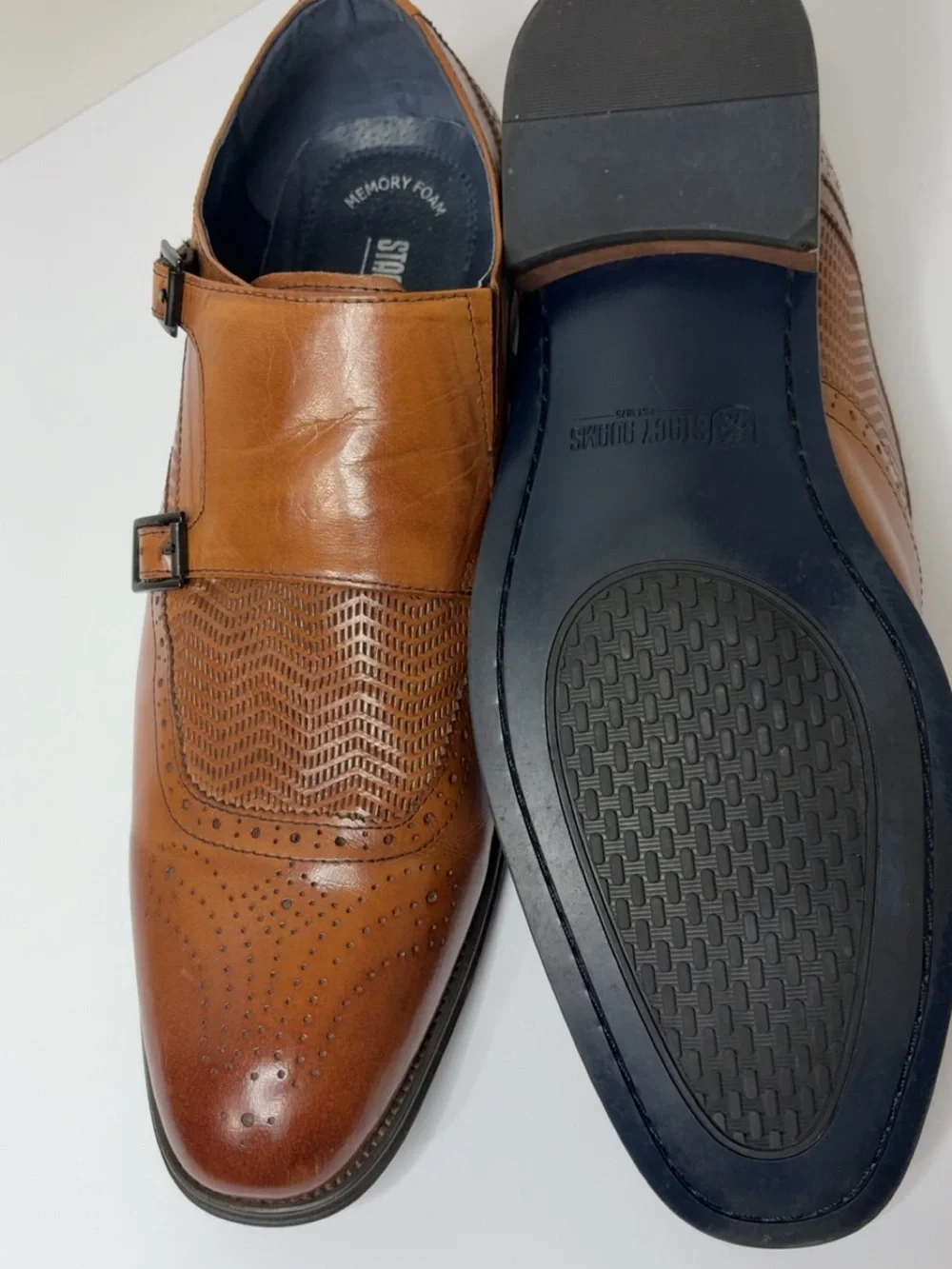 Stacy Adams Memory Foam Tan Double Monk Strap Brogue Dress Shoes Size 12M